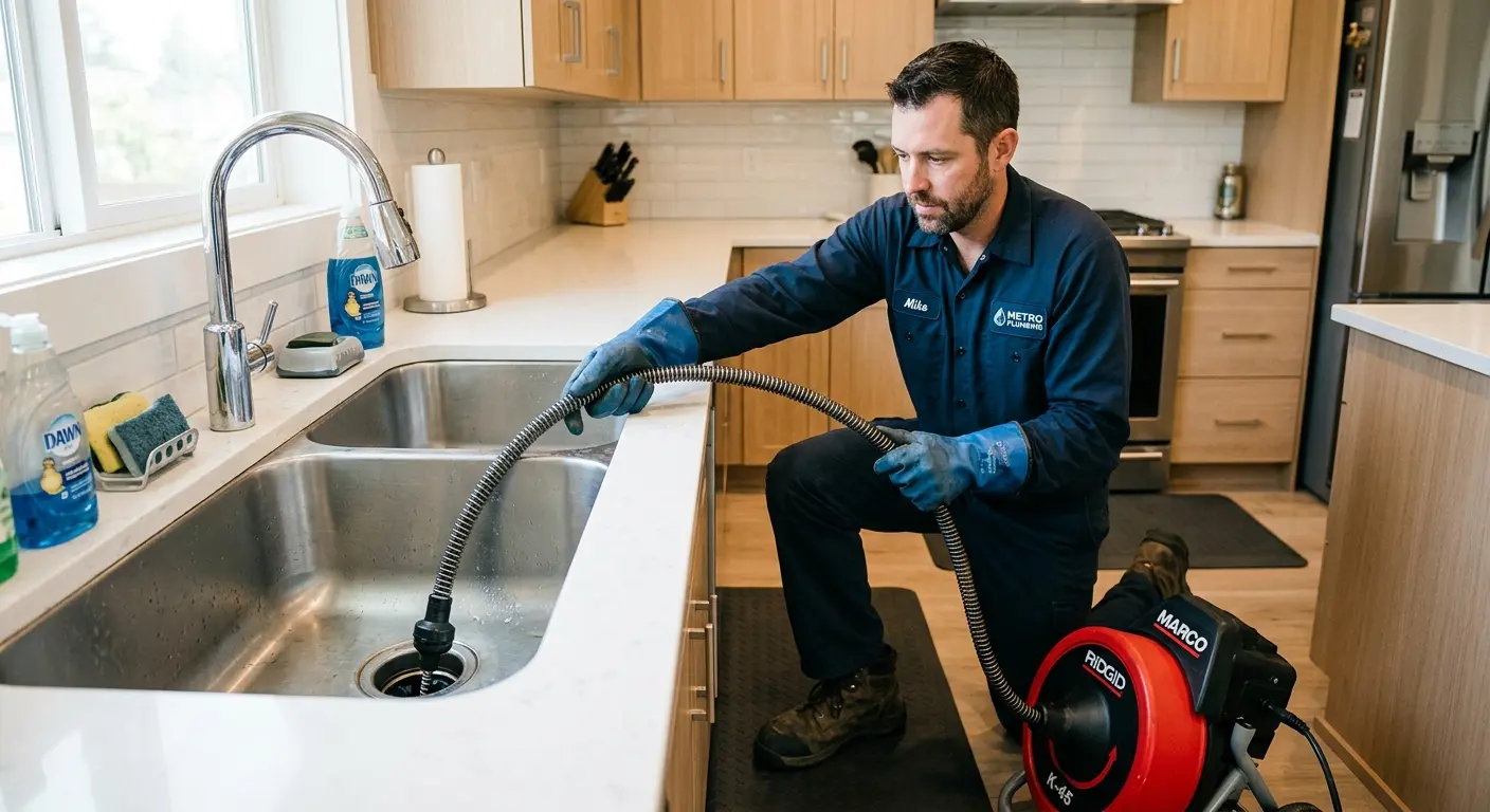 Drain cleaning technician using a motorized snake on a kitchen sink in Harborcreek
