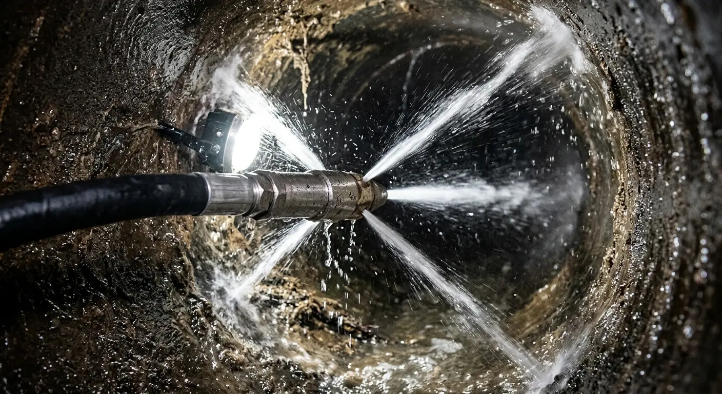 High-pressure hydro jetting nozzle cleaning sewer pipe for Trenchless Sewer Repair in Harborcreek