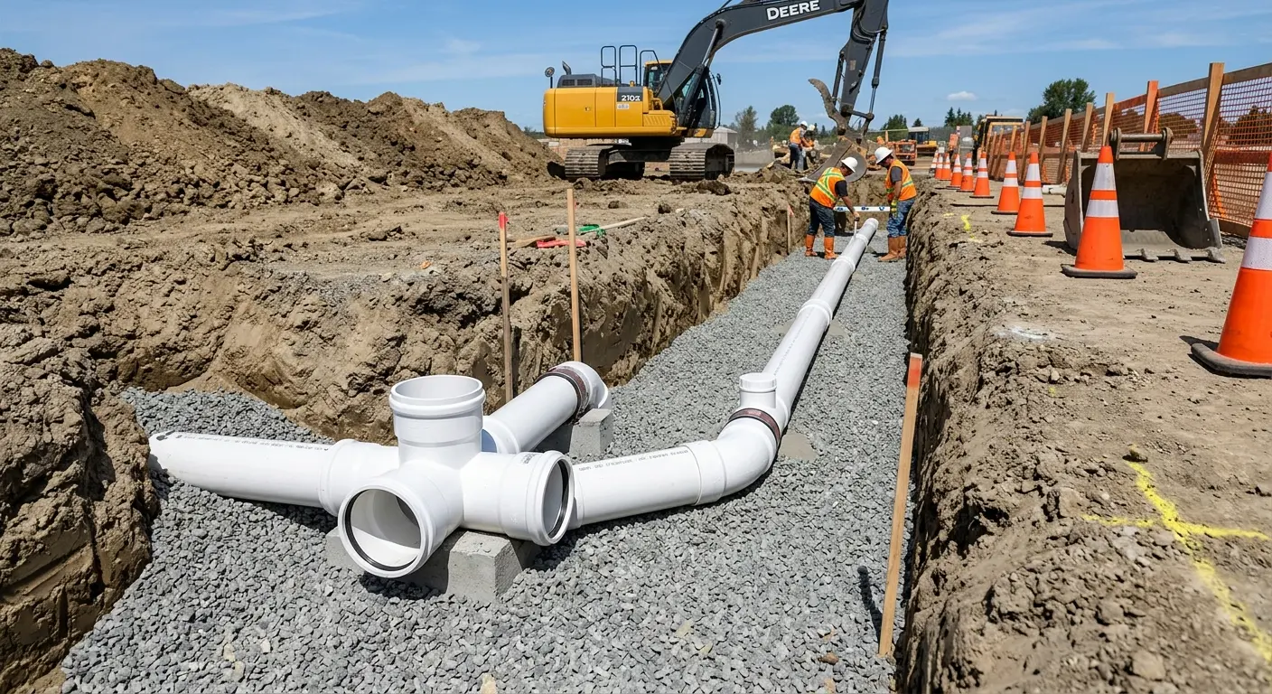 New PVC sewer pipe installation in open trench for Commercial Drain Cleaning in Harborcreek