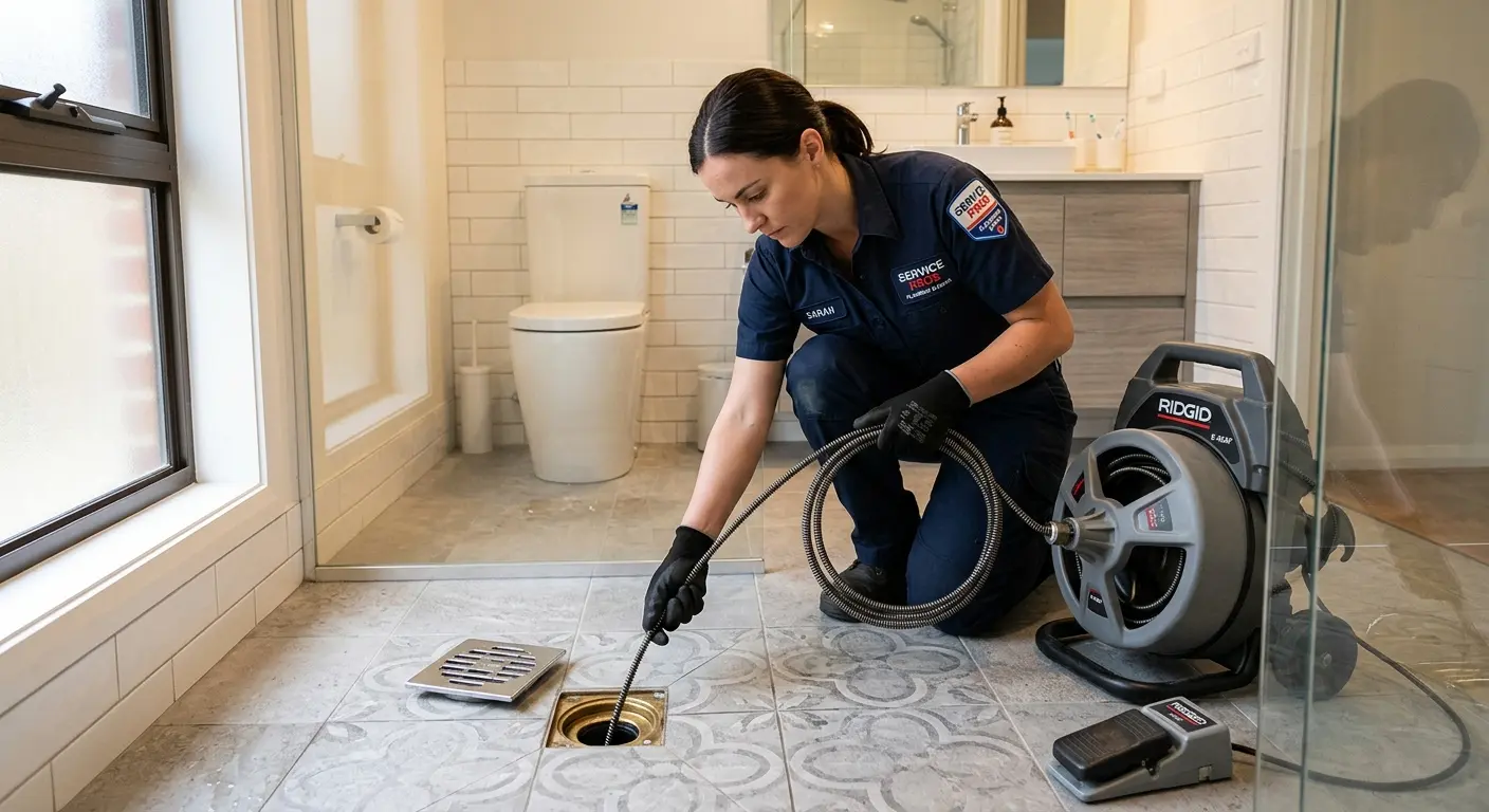 Technician clearing a bathroom floor drain for Drain Repair in Harborcreek